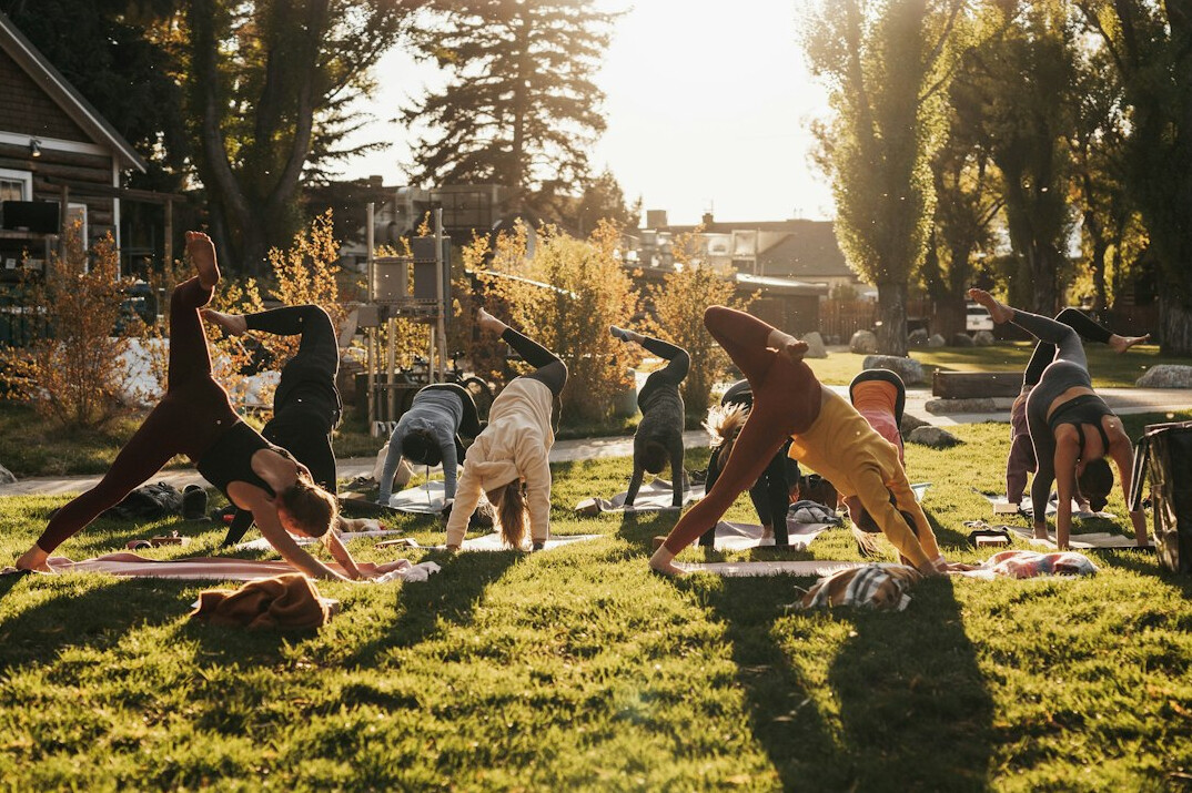 employees doing yoga together